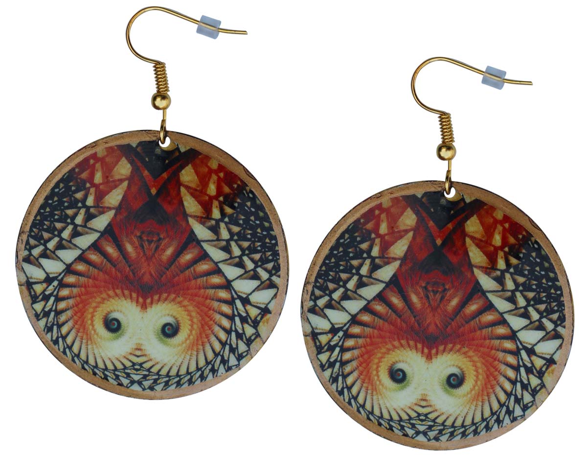 2.5” Pair of Round Hook Earrings in Brass - Orange Black Abstract Pattern - Drop Earrings / Women Fashion Jewelry - Buy in Bulk Wholesale